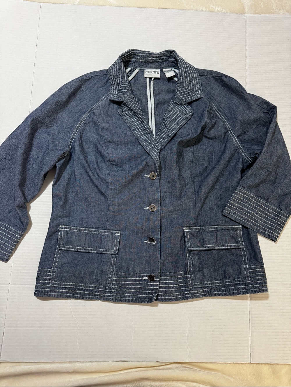 Chico's Dark Blue Denim Blazer with Contrast Stitching size 2 - approx. L (253)